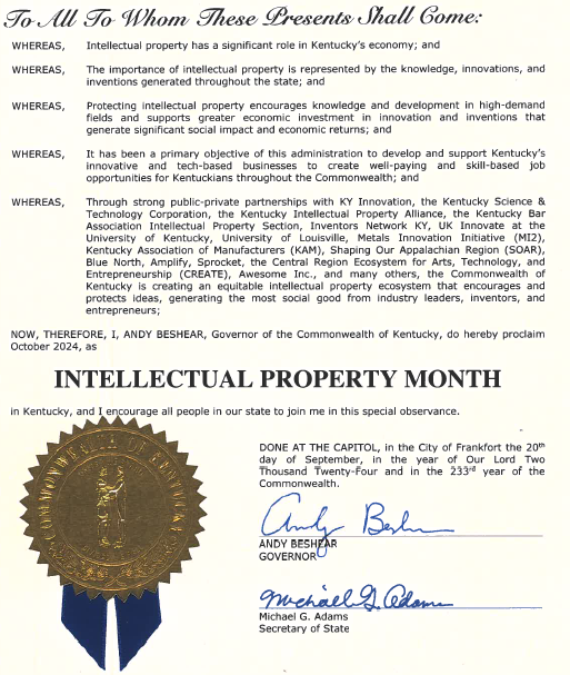 October 2024 is Intellectual Property Month in Kentucky